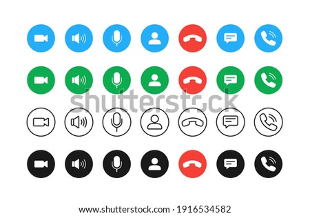 Video call buttons set. Collection of internet conversation buttons. A set of video communication elements.