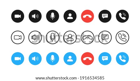 Video call buttons set. Collection of internet conversation buttons. A set of video communication elements.