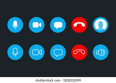 Video call buttons set. Video communication app user interface icons. Vector collection.
