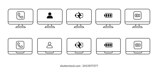 vídeo videollamada cámara batería cargador de icono de la persona de la línea del portátil pc conjunto de iconos vectorial ilustración plana
