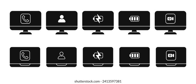 vídeo videollamada cámara carga batería icono de persona cargador en pc portátil conjunto de iconos vectorial ilustración plana