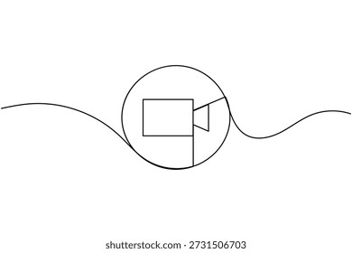 Video Icono de la cámara dentro del marco de enfoque circular Dibujo continuo de una línea sobre fondo blanco Tecnología moderna minimalista y comunicación Concepto de reunión en línea Símbolo Esquema Ilustración vectorial