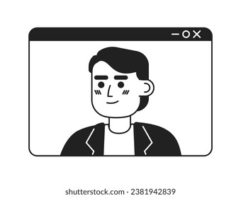Video call caucasian young adult man black and white 2D cartoon character. Webinar screen european guy isolated vector outline person. Videoconference speaker monochromatic flat spot illustration