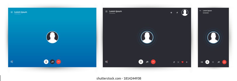 Video call chat app. Mockup video calls window overlay. Vector illustration UI, UX, KIT and web app. Call screen template. Standard screen for calls and video communications on PC. Vector illustration