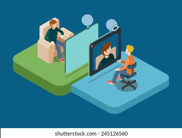 Video Call Chat Conference Flat 3d Web Isometric Infographic Concept Vector. Two Men Speaking Over Web Camera. Creative People Collection.