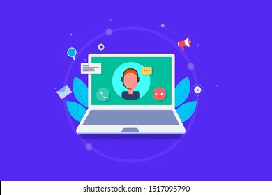 Video call, Chat, Customer support, Online help - flat design vector concept with human avatar and icons on dark background