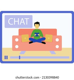 Video call chat icon. Online conference vector. Phone mobile interface with young man reading on sofa studying distantly