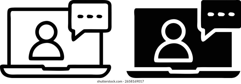 Video Call Chat Icon Set – Black and White Laptop Communication Symbol for Online Meeting and Web Interface