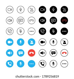 Video call chat screen ui vector buttons template for mobile phone online app. Conceptual icon set for web conference or business webinar design. User interface symbols isolated on white. V2