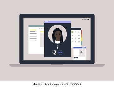 A video call from a child, work life balance, a laptop screen with program windows overlapping