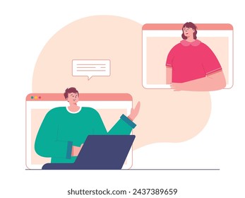 Video call with college friends at home using a laptop to discuss assignments, black and white style. Character design. Vector flat illustration