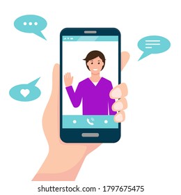 Video call or communication app concept. Human hand hold smartphone with man on screen. Vector illustation.