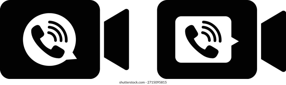 Video Iconos del glifo del Vector de comunicación de la llamada fijados con el auricular y el símbolo de la cámara. Video Llamar a los íconos del App. Receptor de teléfono móvil y cámara de transmisión en vivo. Tecnología de comunicación, aplicación de chat.