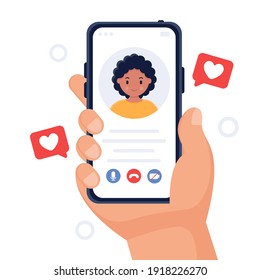 Video call concept. Communication via smartphone. Video call with a loved one. Hand with a smartphone. Vector flat cartoon illustration for websites and banners. Online chatting. Finger touch screen.