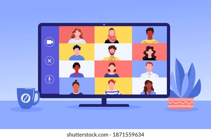 Video call concept with diverse multiracial characters on computer monitor. Flat cartoon vector illustration