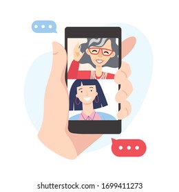 Video call concept. Family with grandmother and granddaughter are having video call using the smartphone. Human hand hold device with people on screen. vector flat cartoon illustration