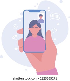Video call concept. Female hand holding smartphone doing online conversation with male friends. Converse through video, remote meeting and phone call concept. Vector illustration.