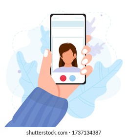 Video call concept, hand holding smartphone. Video call with woman on screen. Finger touch screen. People and gadgets. Vector stock flat cartoon illustration for websites, banners design ets