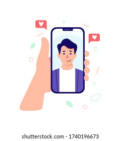 Video call concept. Hand holding smartphone with  loved one boyfriend on screen. Finger touch screen. Vector flat cartoon illustration for web sites and banners design