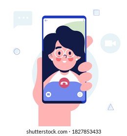 Video call concept. Hand holding Smartphone with woman on screen. Mobile phone in hand. Flat design vector illustration