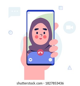 Video call concept. Hand holding Smartphone with hijab woman on screen. Mobile phone in hand. Isolated on white background. Flat design vector illustration