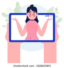 Concepto de videollamada. Comprimido de mano con mujer en la pantalla. Teléfono móvil en mano. Aislado sobre fondo blanco
... Ilustración vectorial de diseño plano
