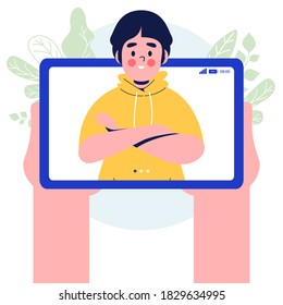 Video call concept. Hand holding tablet pc with happy man on screen. tablet pc in hand. Isolated on white background. Flat design vector illustration