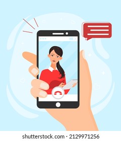 Video call concept. Hand holds smartphone with mobile application for online meetings. Character communicates with employee or friend remotely. Modern technologies. Cartoon flat vector illustration