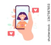 Video call concept. Video call with loved one. Male hand holding smartphone with girlfriend on screen. Finger touch screen. Vector flat cartoon illustration for web sites and banners design