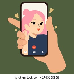 Concepto de videollamada. Llamada en video con un ser querido. Mano masculina sosteniendo un smartphone con novia en la pantalla. Pantalla táctil de dedo. Ilustración de dibujos animados planos vectoriales