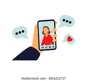 Video call concept. Video call with loved one. Male hand holding smartphone with girlfriend on screen. Finger touch screen. Vector flat cartoon illustration for web sites and banners design.