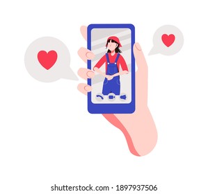 Concepto de videollamada. Llamada en video con un ser querido. Mano masculina sosteniendo un smartphone con novia en la pantalla. Pantalla táctil de dedo. Ilustración de dibujos animados planos vectores para el diseño de sitios web y banners