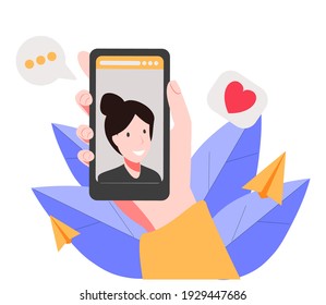 Video call concept. Video call with loved one. Male hand holding smartphone with girlfriend on screen. Finger touch screen. Vector flat cartoon illustration for web sites and banners design