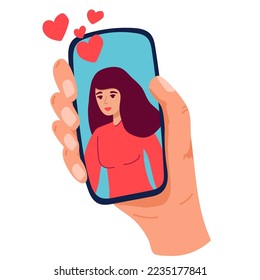 Videoanruf-Konzept. Videoanruf mit geliebten Personen. Männliche Hand, die Smartphone mit Freundin auf dem Bildschirm hält. Fingerberührungsschirm. Vektorflache Cartoon-Illustration für Webseiten und Banner-Design,