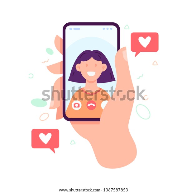 Video call concept. Video call with loved one.
Male hand holding smartphone with girlfriend on screen. Finger
touch screen. Vector flat cartoon illustration for web sites and
banners design
