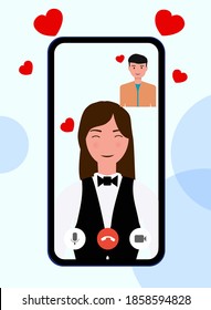 Concepto de videollamada. Los amantes tienen videollamadas usando el smartphone. Amor durante la cuarentena. Llamada de video en un smartphone.  Gente y aparatos. Ilustración vectorial en un estilo plano. Amor a distancia.