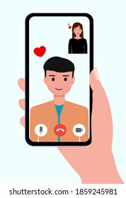 Video call concept. Lovers are having video calls using the smartphone. Love during quarantine. Human hand hold device with people on screen.  People and gadgets. Love on distance. Vector illustration