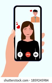 Video call concept. Lovers are having video calls using the smartphone. Love during quarantine. Human hand hold device with people on screen.  People and gadgets. Love on distance. Vector illustration