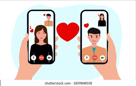 Video call concept. Lovers are having a smartphone video call. Love during quarantine. Humans hold hand device with people on screen.  People and gadgets. Love from a distance. Vector illustration