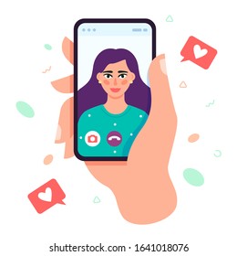 Video call concept. Male hand holding smartphone with girlfriend on screen. Video call with loved one, finger touch screen. Vector flat cartoon illustration