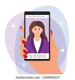 Video call concept. Online video conference, online meeting concept, banner. A woman's hand is holding a phone with a woman on the screen. Vector illustration in flat style.