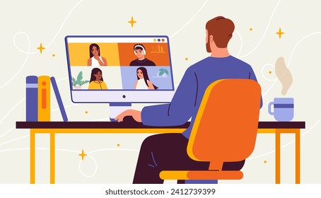 Video call concept. Online conference of employees. Distance worker and freelancer meet with colleagues and partners. Communication in social networks. Cartoon flat vector illustration