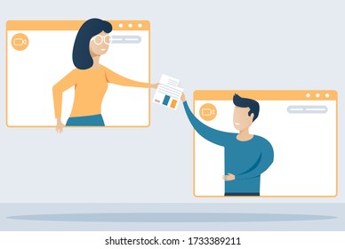 Video call concept. Online meeting. Online communication concept. Virtual work meeting. Flat vector illustration for web sites and banners design