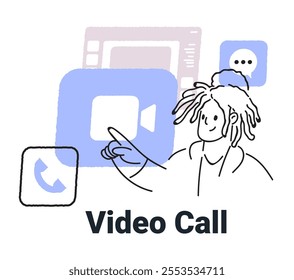 Video call concept person interacting with communication icons in minimalist hand drawn style