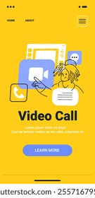 Video call concept with person using digital communication tools on yellow background minimalist hand drawn style mobile app screen