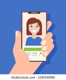 Video call concept. Selfie. Hand holding smartphone with girlfriend on screen. Finger touch screen. Vector flat cartoon illustration for web sites and banners design. 