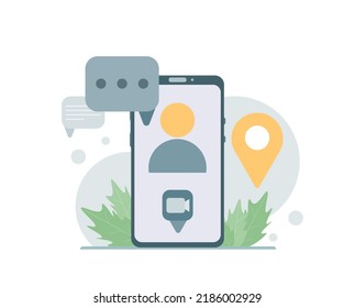 Concepto de videollamada. Llamada de video con smartphone. Pantalla táctil de dedo. Ilustración de dibujos animados planos vectoriales para diseño de sitios web y banners
