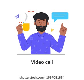 Video call concept with young bearded male character holding cup of tea. Virtual window frame, man having an online meeting. Minimal style outline flat cartoon vector illustration isolated on white