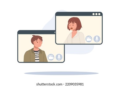 Concepto de videollamadas, red global. Hombre y mujer están hablando y haciendo videollamadas a través de una aplicación de internet. Ilustración del vector