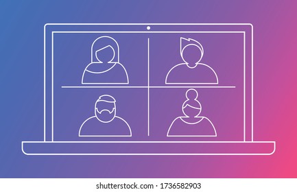 Video call conference avatars of men and women. Working and learning, communication at home.  Online Virtual Meetings. Illustration on bright background, isolated